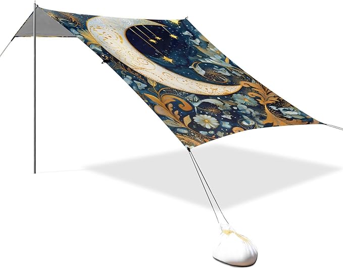 ALAZA Moon Star Witchy Art Beach Tent Sun Shelter UPF50+ Protection Beach Shade Canopy w/ 4 Sandbags for Outdoor Camping Fishing Backyard Fun Picnic 10x9 ft