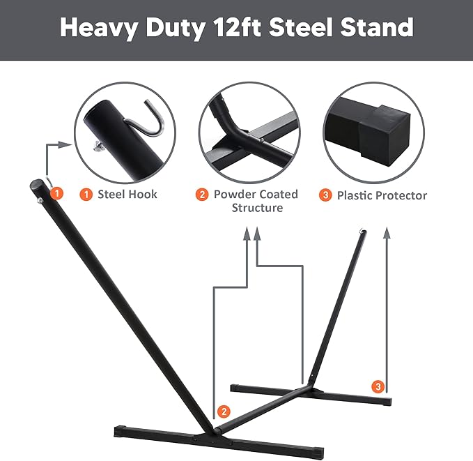SUNCREAT Double Portable Hammock with Stand 2 Person Hammock with Curved Spreader Bar Balance Ropes Included Dark Gray