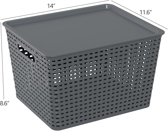 6 Packs Large Plastic Storage Basket Bin with Lid Tall Stackable Lidded Organizer Baskets for Desktops Closets Shelves Gray
