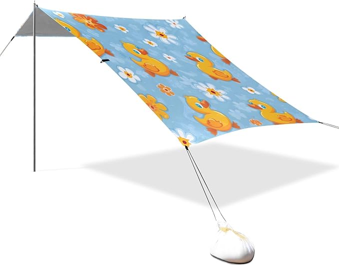 ALAZA Duck Flower Pattern Beach Tent Sun Shelter UPF50+ Protection Beach Shade Canopy w/ 4 Sandbags for Outdoor Camping Fishing Backyard Fun Picnic 10x9 ft