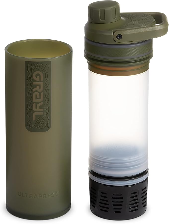 GRAYL UltraPress 16.9 oz Water Purifier &amp Filter Bottle for Hiking Backpacking Survival Travel (Olive Drab)