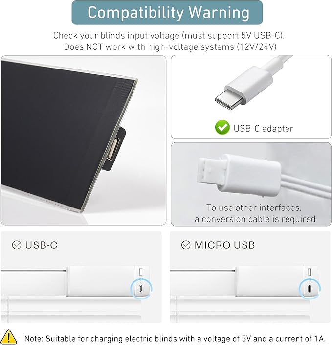 5V 5W Blinds Solar Panel Charger USB-C Small Solar Power with 8.2-Inch Cable for Motorized Blinds Security Cameras Doorbells Smartphones Roller Shades