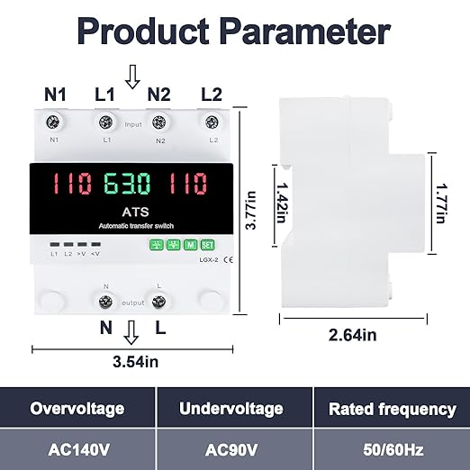 100A 120V Automatic/Manual Generator Transfer Switch DIN Rail Mount 110V for Generator Backup Power &amp Gas Furnace 50/60Hz LED Display CE Certified