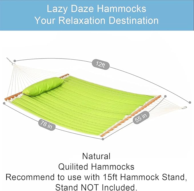 Lazy Daze Hammocks 12 FT Double Quilted Fabric Hammock with Spreader Bar and Detachable Pillow Two Person Hammocks 450lbs Weight Capacity (Light Green)