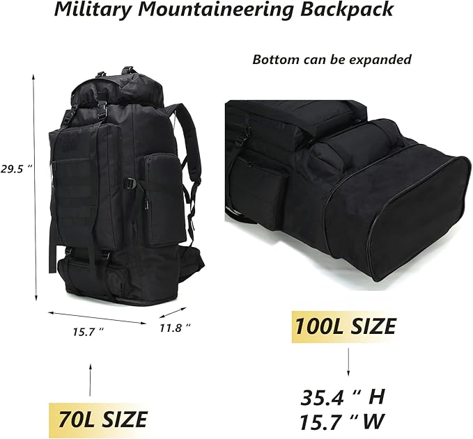 100L Tactical Military Backpack for Men - Waterproof Hiking &amp Hunting Pack with MOLLE System Adjustable Suspension Survival Gear Compartment - Outdoor Camping Trekking Travel Backpack