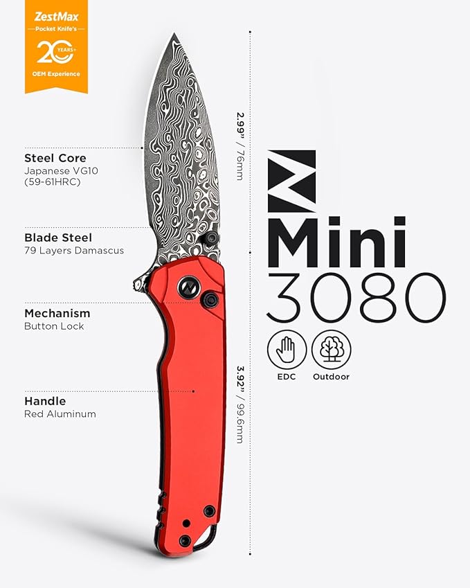 Damascus Folding Pocket Knife for EDC Small Pocket Knives for Men Women 2.99 Sharp Japanese VG10 Blade Aluminum Handle with Clip for Camping Hiking Outdoor Survival Mini 3080AR (Red)