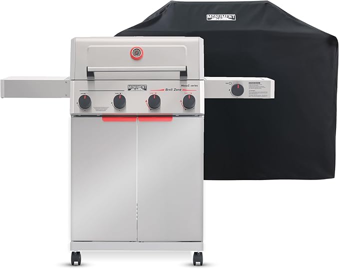 Monument Grills 4+1 Burner Stainless Steel 525 sq.in Propane Gas Grill Mesa 2 49000 BTU 500°F in 5 Mins Outdoor Patio Grill Broil Zone 1 Side Burner and 1 Foldable Side Shelf with Grill Cover
