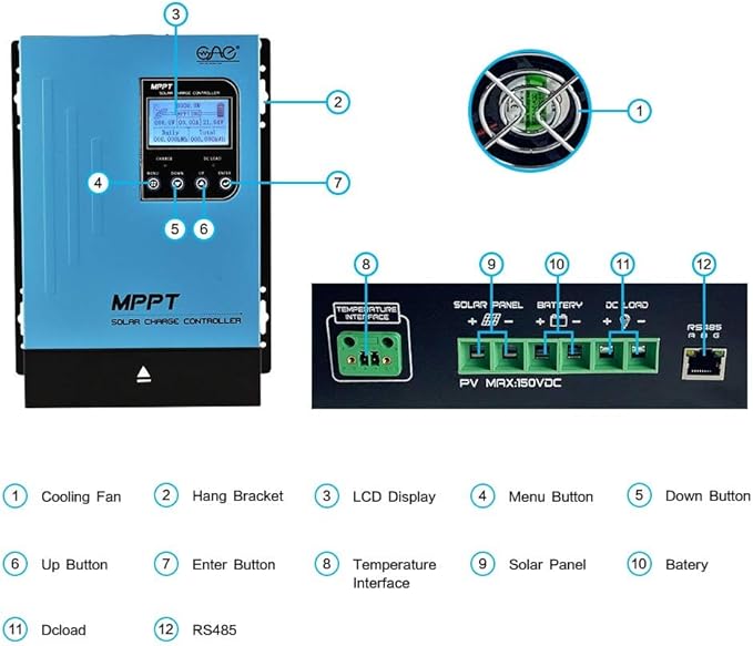 60A MPPT Solar Charge Controller 12V24V48V Auto Battery Regulator Solar Panel Max 150V Input for Lithium Sealed Gel and Flooded Batteries (Blue)