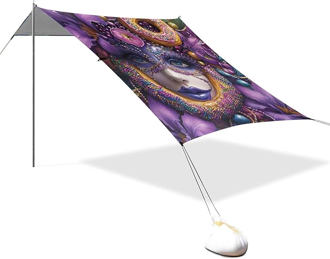 Irises Beads Mask Doughnut Hat Mardi Gras Foldable Beach Canopy UPF50+ Protection Waterproof Portable Sun Shelter with Sand Pockets for Family Trips Picnics &amp Camping