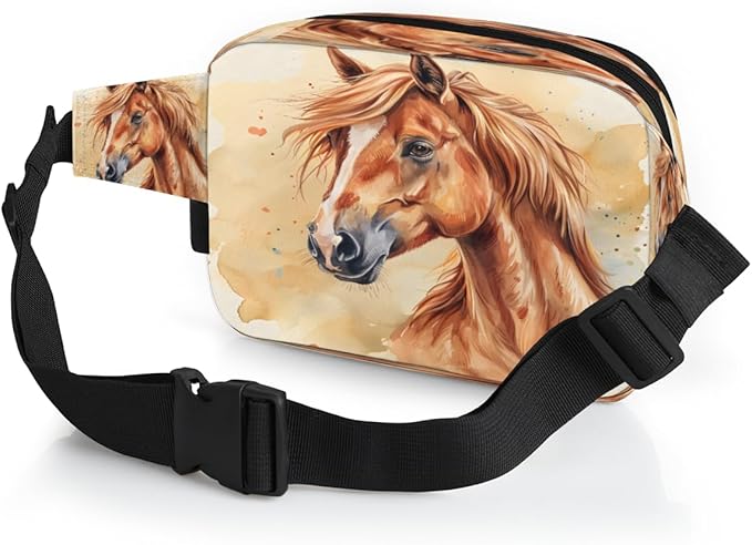 Watercolour Horse Waterproof Fanny Pack for Women Men Adjustable Waist Bag with Double Zipper Pockets Lightweight Square Hip Pack for Running Travel Hiking Workout Cycling