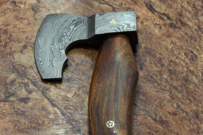 Damascus Steel Tomahawk Axe Bearded Hiking Battle axe17 Inches Long Hand Forged with Rose Wood Round Handle Large 5 Cutting Edge Thick Cow Hide Leather Sheath