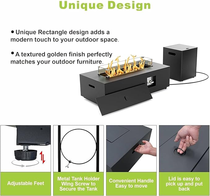 2-Piece 42 LED Rectangular Propane Fire Pit for Outside Patio with Hidden Tank Table 50000 BTU Fireplaces with Glass Wind Guard Lid Glass Rocks Cover(Black w/Warm Light)