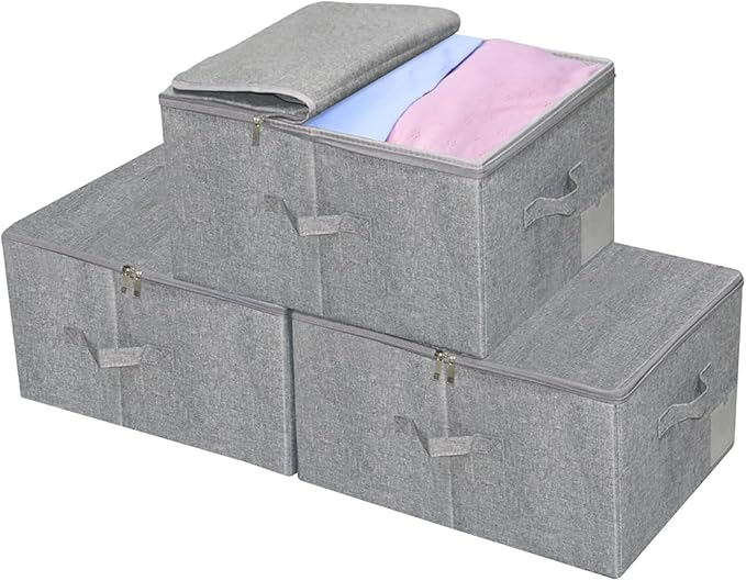 iwill CREATE PRO Pack of 3 17.7 * 13.8 * 9.8 Stackable Folding Storage Baskets with Lid &amp Carry Handles &amp Memo Pocket Good Wardrobe Separator Bins Dark Gray