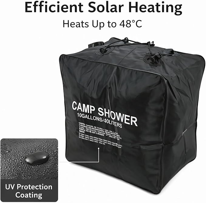 40L Solar Camp Shower Bag PVC Rubber Plastic Cloth Texture Proof Coating for Outdoor Use - Large Capacity Solar Heating Technology Ideal for Camping and Hiking