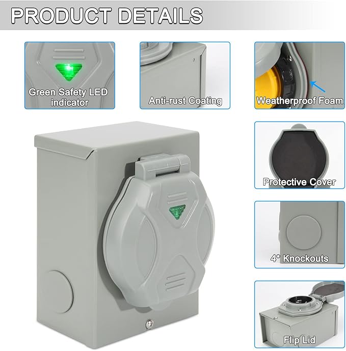 30 Amp Generator Inlet Box with Pre Punched Knockouts NEMA L5-30P Outdoor Generator Transfer Switch for 3 Prong Generator Cord 30A Power Inlet Box for Outdoor Use
