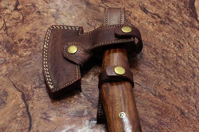 Damascus Steel Tomahawk Axe Bearded Hiking Battle axe17 Inches Long Hand Forged with Rose Wood Round Handle Large 5 Cutting Edge Thick Cow Hide Leather Sheath
