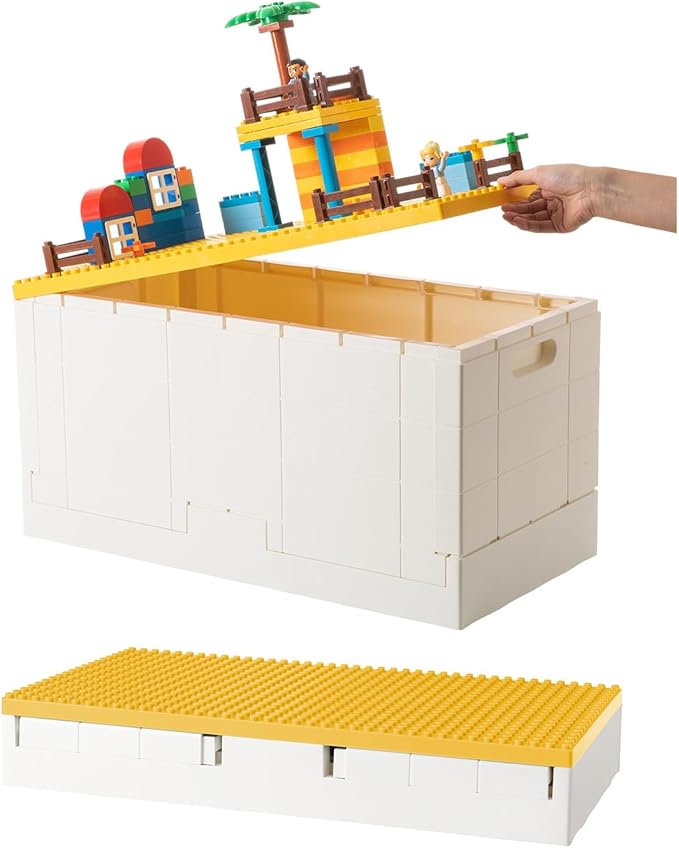 SHIMOYAMA 53 Qt. Folding Storage Box with Large Building Lid for Lego Duplo Blocks 13 Gallon Collapsible Organizer for Lego Bricks (Yellow)