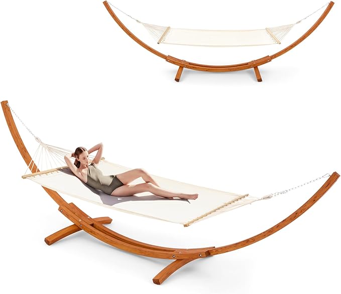 ECOTOUGE 14 FT Hammock with Stand 2 Person Heavy Duty Hammock Stand Large Hammock Bed for Porch Patio Balcony Garden Backyard White-Yellow