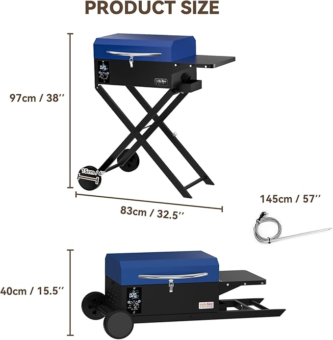 BBQ Wood Pellet Grill Smoker with Foldable Cart Meat Probe 2 Tiers Cooking Area Portable Smoking Grilling Stove for Outdoor Patio Cooking RV Camping Tailgating Blue GS342