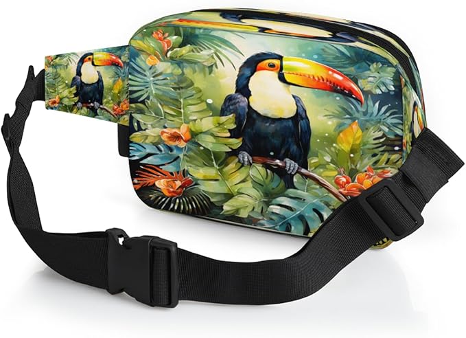 Tropical Leaf Flower Parrot Watercolour Waterproof Fanny Pack for Women Men Adjustable Waist Bag with Double Zipper Pockets Lightweight Square Hip Pack for Running Travel Hiking Workout Cycling