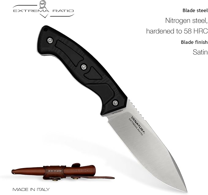 Extrema Ratio - Venatus F (Nitrogen Black Satin) Fixed Blade Knife Nitrogen Steel Blade Satin Finish Full Tang Construction Ergonomic Handle Premium Leather Ambidextrous Sheath