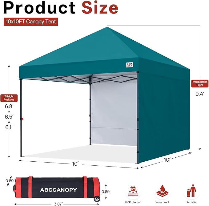 ABCCANOPY Easy Pop up Canopy Tent with 2 Sidewalls for Outdoor Sun Blocking or Rain Protection10x10 Turquoise