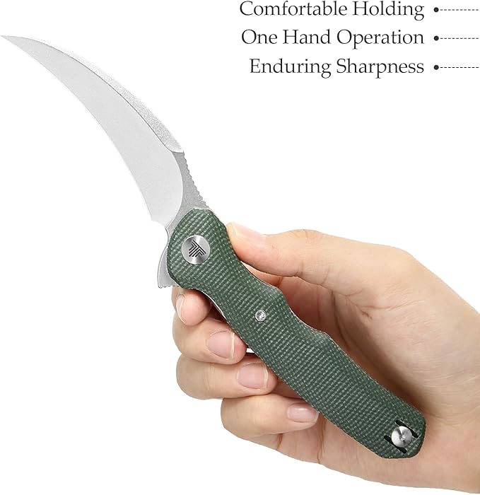TRIVISA knives - Lacerta-04G |Hawkbill Folding Knife for Men EDC Pocket Pikal Knife with Reversible Wire Clip 3.34 Stone Wash 14C28N Steel Flipper Blade &amp Micarta Handle
