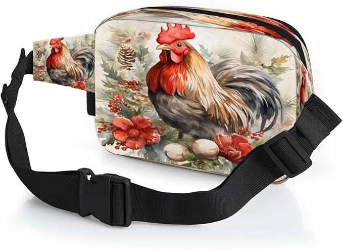 Watercolour Berry Flower Rooster Waterproof Fanny Pack for Women Men Adjustable Waist Bag with Double Zipper Pockets Lightweight Square Hip Pack for Running Travel Hiking Workout Cycling