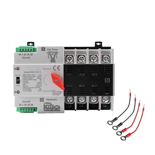 63Amp AC220V Automatic/Manual Transfer Switch 4P 50/60Hz 4POLE 63A Mini ATS Solar Auto Dual Power Switch W2R for Home Generator Din Rail Mount Cn Automatic Changeover Fast Transfe forRvLv Power