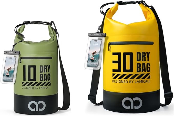 Lamicall 10L &amp 30L Dry Bag Waterproof Backpack - [Zippered Pocket] Roll Top Waterproof Bag Olive Green &amp Lemon Yellow