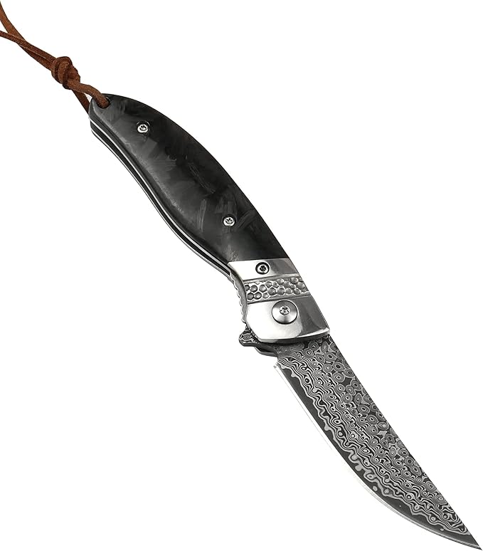 ALBATROSS Premium Damascus Folding Knife - EDC Pocket Knife with VG10 Damascus Steel Blade Quick Flip Assisted Opening Luminous Carbon Fiber Handle &amp Liner Lock - Great Gift for Outdoorsmen - HG
