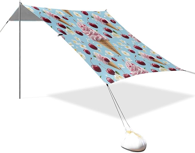 ALAZA Ice Cream Flower Cherry Pattern Beach Tent Sun Shelter Portable Canopy Sunshade for Outdoor Camping Picnics Backyard Fun 10x9 ft
