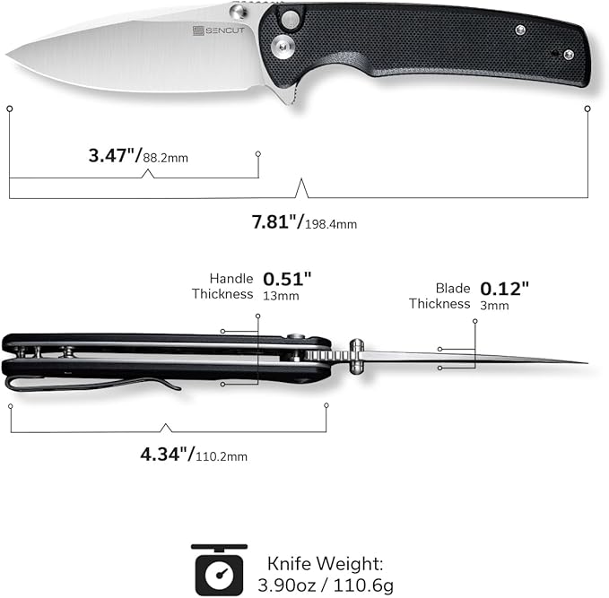 SENCUT Sachse Pocket Folding Knife for EDC Black G10 Handle Satin 9Cr18MoV Blade Foldable Small Knife with Clip Button Lock Everyday Carry Knives for Men Women Indoor Outdoor Gift S21007-5