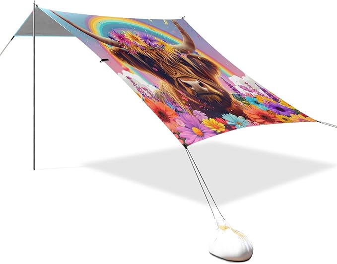 ALAZA Cow Bull Rainbow Daisy Beach Tent Sun Shelter UPF50+ Protection Beach Shade Canopy w/ 4 Sandbags for Outdoor Camping Fishing Backyard Fun Picnic 10x9 ft