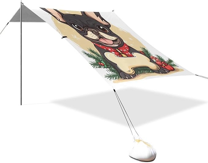 ALAZA Merry Christmas Cartoon French Bulldog Bone Beach Tent Sun Shelter Portable Canopy Sunshade for Outdoor Camping Picnics Backyard Fun 10x9 ft