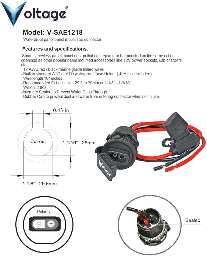 Voltage SAE Panel Mount Connector Socket with Fuse Waterproof SAE Quick Connect for Kayak Boat Solar Panel Flush Mount 12AWG 18 V-SAE1250