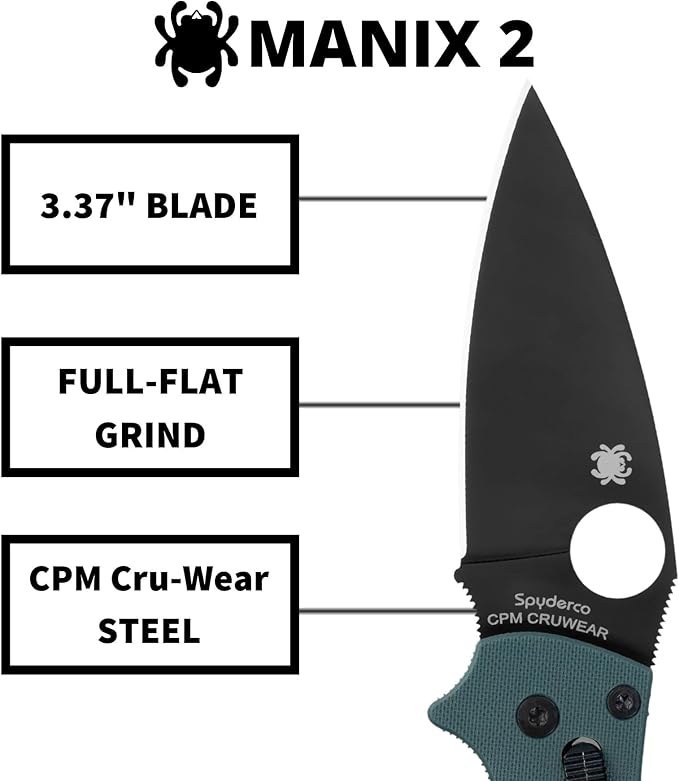 Spyderco Manix 2 Folding Pocket Knife with 3.3 CPM CRU-Wear Steel Blade and G-10 Handle - EDC Knife for Men and Women Perfect for Hunting Tactical Camping Survival - PlainEdge - C101GPFGBK2