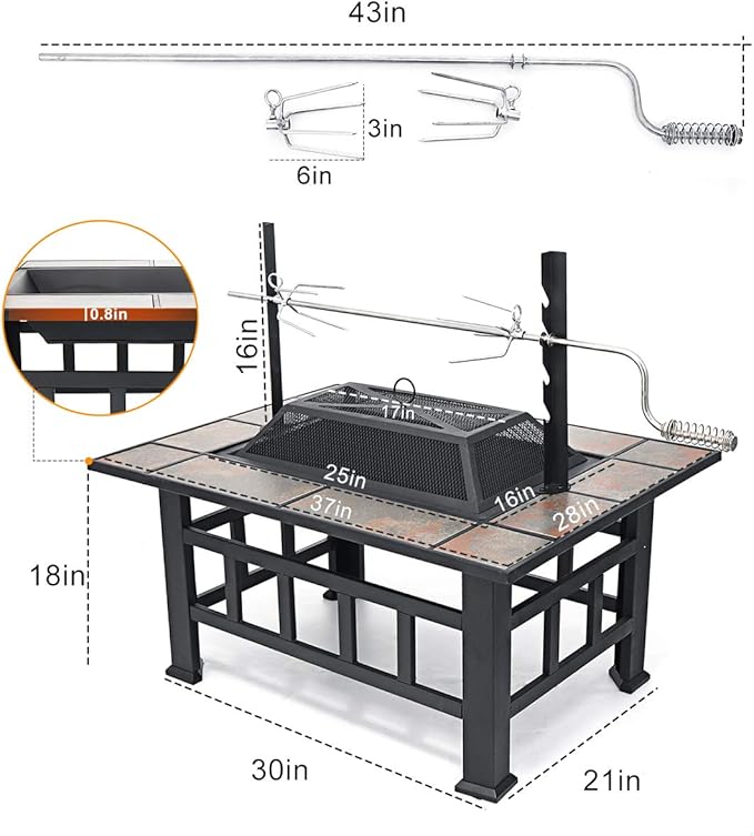 SINGLYFIRE 37 Inch Fire Pit Table with Grill for Outside Large Square Wood Burning firepit Heavy Duty Steel Bonfire Pit Cooking with Spark Screen Log Grate Poker for Backyard Garden Camping