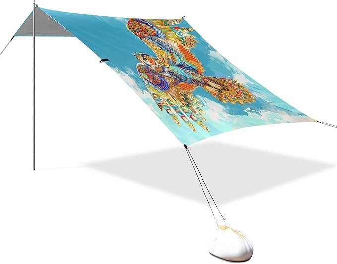 ALAZA Soaring Owl Rainbow Color Beach Tent Sun Shelter UPF50+ Protection Beach Shade Canopy w/ 4 Sandbags for Outdoor Camping Fishing Backyard Fun Picnic 10x9 ft