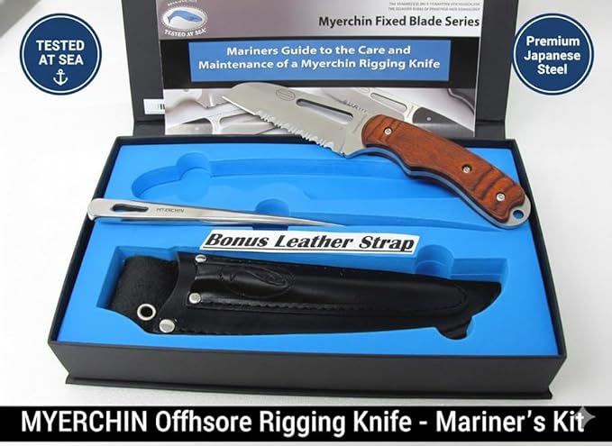 Myerchin W100P Generation 2 Wood Offshore System - Fixed 3/4 Serrated Pro Marine Stainless Steel Blade - Bubinga Wood Handle - Includes Marlinspike and Leather Sheath - Professional Rigging Tool Kit W