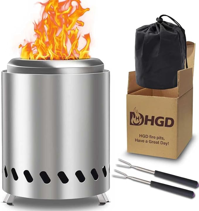 HGD Small Tabletop Fire Pit 8.0 x 5.5 in Portable Mini Smokeless Table Top Firepit Low Smoke Camping Stove for Outdoor/Patio with Travel Bag &amp Forks Fueled by Pellets/Wood Stainless Steel Si