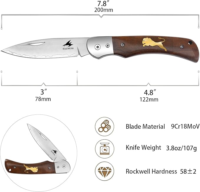 Pocket Folding Knife 3.1 inch 9Cr18MoV Stainless Steel Blade Sharp Pocket Knife with Comfortable Wooden Handle Multi-Tool for Camping