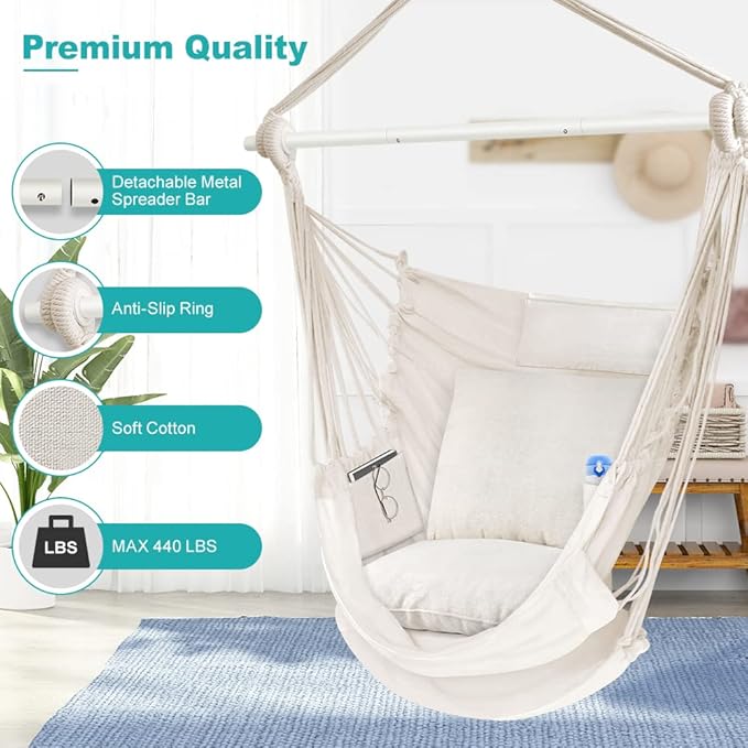 Outerman Hammock Chair Hanging Chair with 3 Cushions and Foot Rest Support Sturdy Metal Spreader Bar Max 440 Lbs Swing Chair for Bedroom Indoor &amp Outdoor Patio Porch or Tree（White）