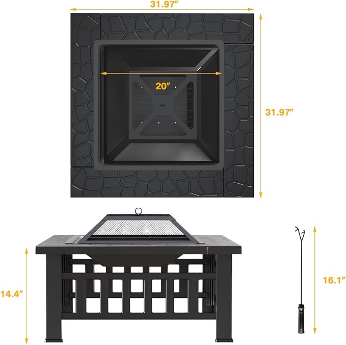 Tuoze 32-inch Fire Pits Outdoor Patio Metal Multifunctional Firepit Table with Waterproof Cover for Camping Bonfire Party Picnic BBQ Backyard Garden Outside Heatingblack