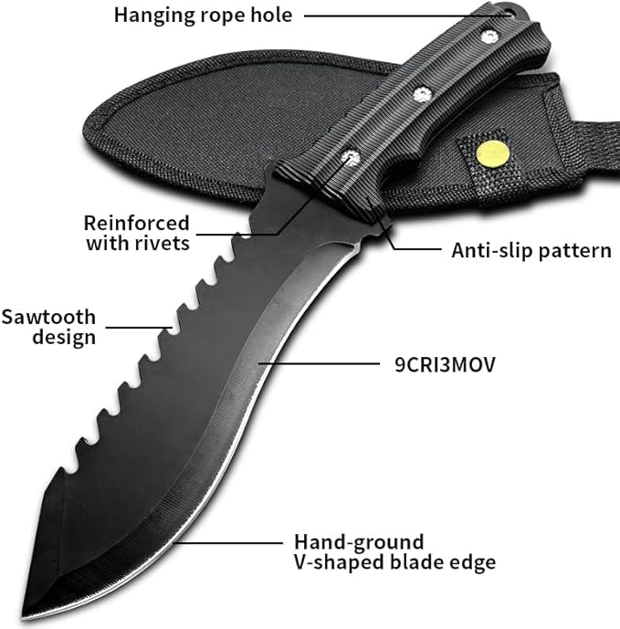 11.4 Fixed Blade Outdoor Knife with 9CR13MOV Stainless Steel - Rugged Utility Knife with Sawtooth Spine &amp V-Shaped Edge - Non-Slip ABS Handle with Lanyard Hole - Durable Nylon Sheath for Camping