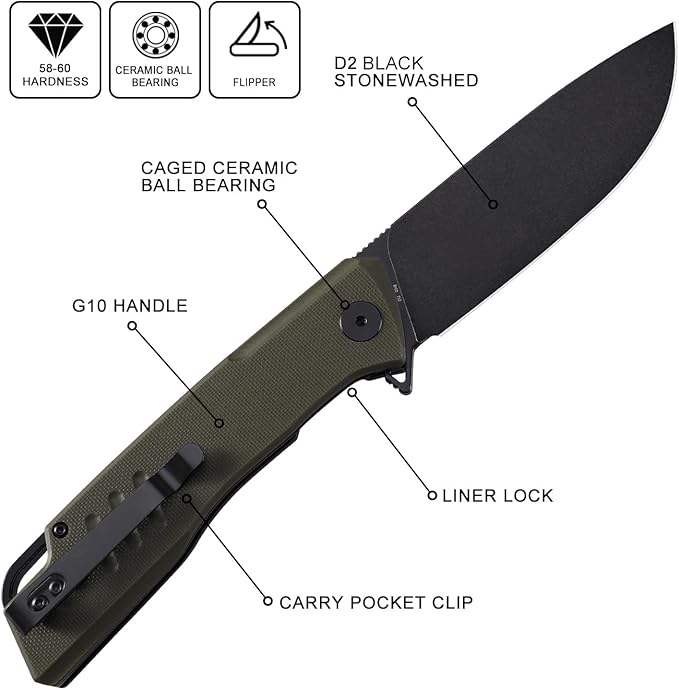 Petrified fish PFB02 Loco Pocket Knife 3.70 D2 Satin Blade Camping Knife 5.29oz G10 Handle Flipper Liner lock Folding knife for EDC (Green Black Stonewashed)