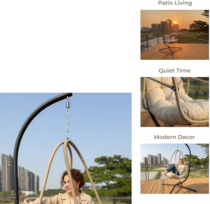 JESE Swing Egg Chair with Stand - UV Resistant &amp Waterproof Cushion Included with Cup Holder - Indoor/Outdoor Hanging Hammock Chair Suitable for Patio Bedroom Balcony Garden (Khaki)