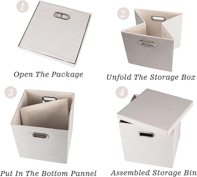 Storage Bins with Lids Collapsible Linen Fabric Boxes Organizer Containers with Lid Foldable Storage Box Basket for Closet Shelves Home Office 12 x 12 x 12.4 Inch 4 Pack Beige