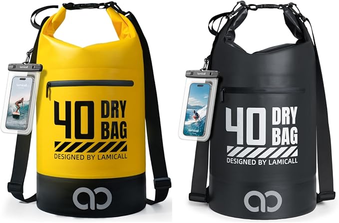 Lamicall 40L &amp 40L Dry Bag Waterproof Backpack - [Zippered Pocket] Roll Top Waterproof Bag Black &amp Lemon Yellow
