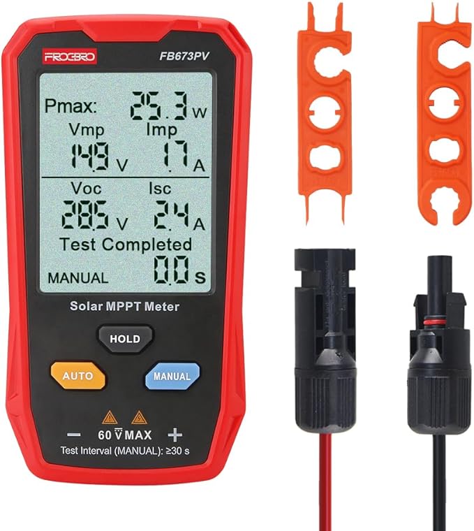 FrogBro Upgrade Solar Panel Tester Meter Photovoltaic Multimeter 800W Solar MPPT Meter with Large Ultra Clear LCD Smart MPPT Open Circuit Voltage Troubleshooting Utility Tool for Solar PV Testing